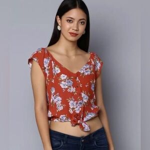 Orange Floral Crop Top Tie Front Button Up Tank